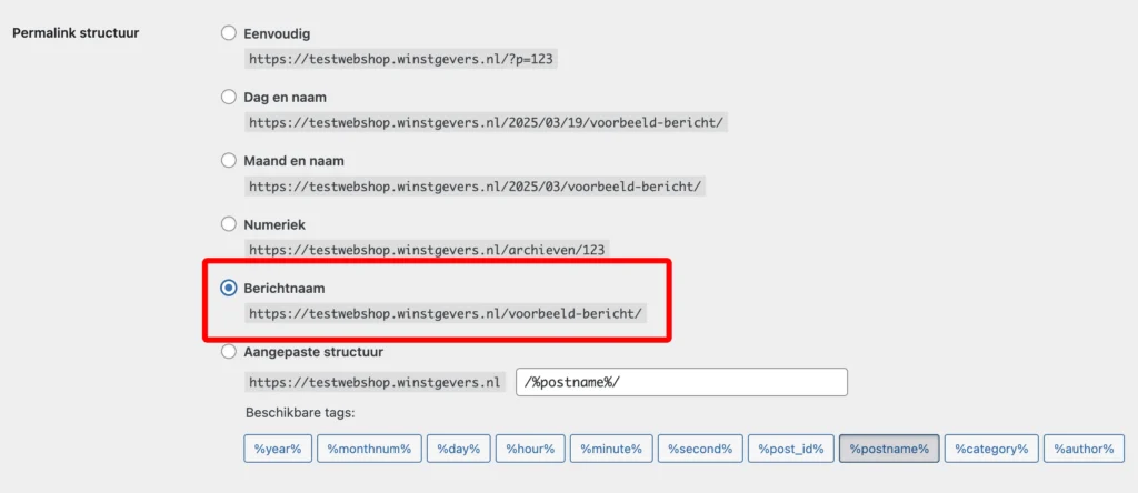 Mogelijke permalink structuren in WooCommerce. Mogelijke structuren met Berichtnaam structuur omlijnd. De permalink die je nodig hebt bij Winstkassa.