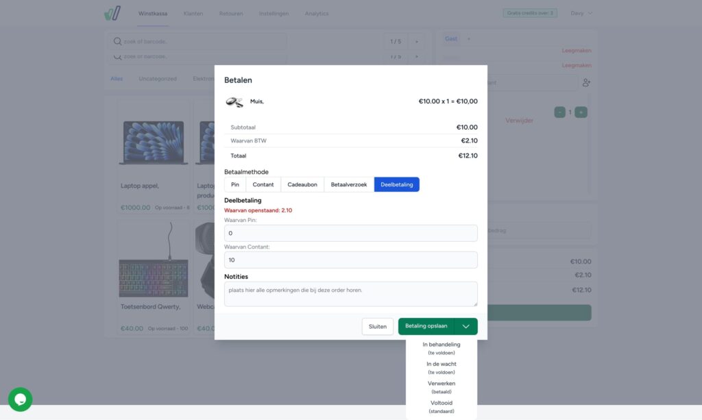 Betalingspagina waarin de orderstatus aan te passen. Dit zijn; In behandeling, In de wacht, Verwerken en Voltooid.