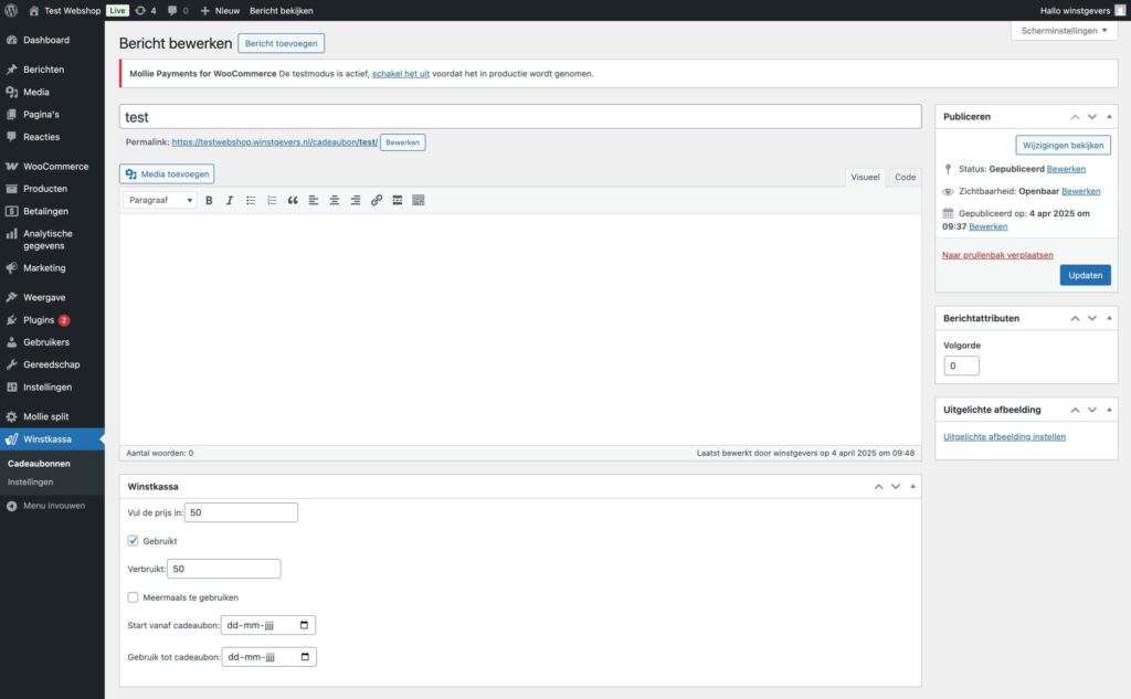 Het aanmaken van een kortingscoupon in WordPress. Het invullen van de prijs en datum.