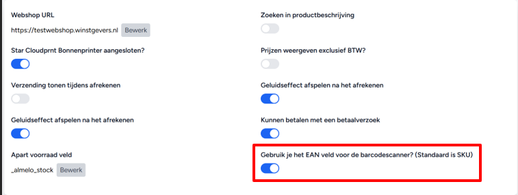 Instellingen van winstkassa. Aan/uit knop EAN-SKU barcodescanner optie uitgelicht.