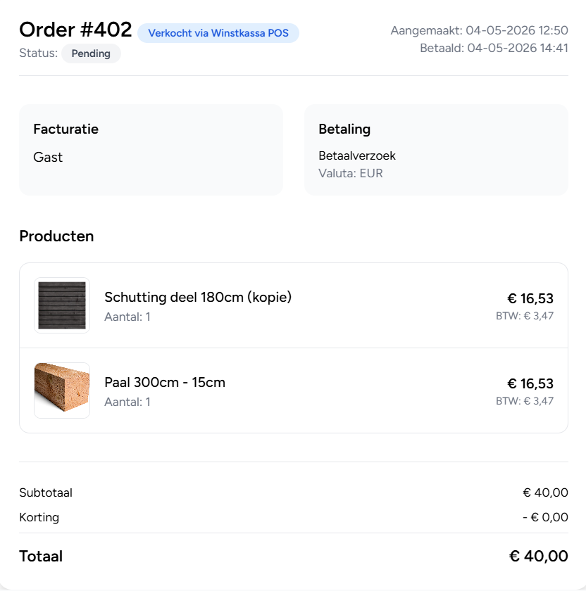 Order overzicht in Winstkassa