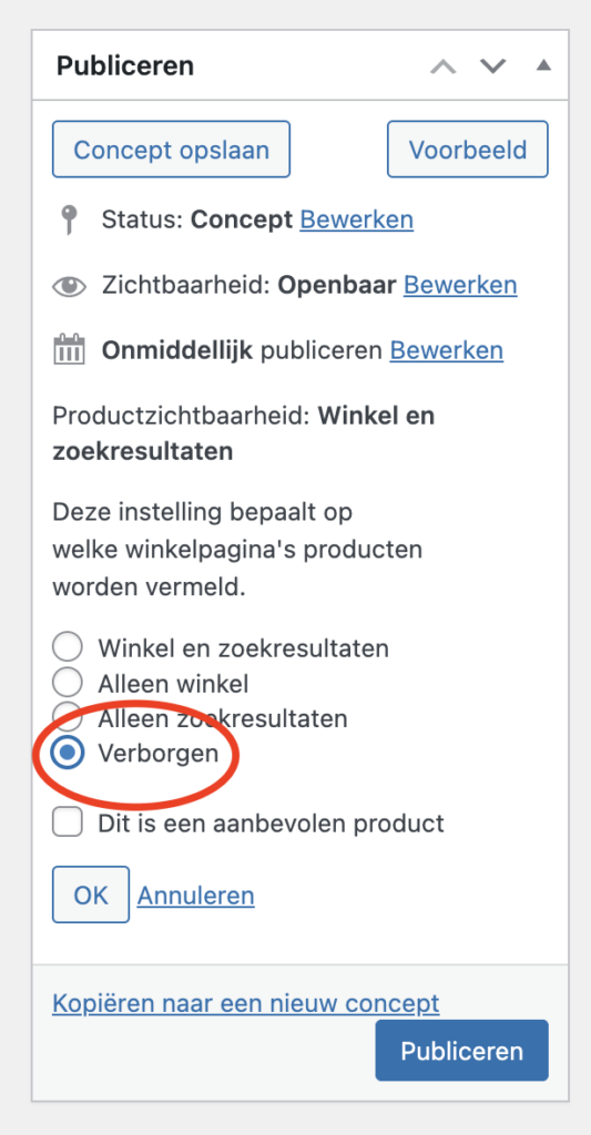 Verborgen product aanmaken